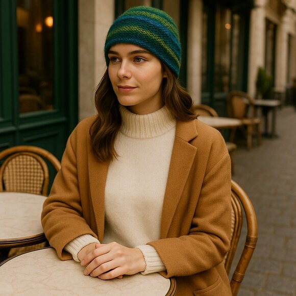 Hand-Knit Wool Beanie – Green & Blue Artisan Striped Winter Hat - Picture 2 of 5